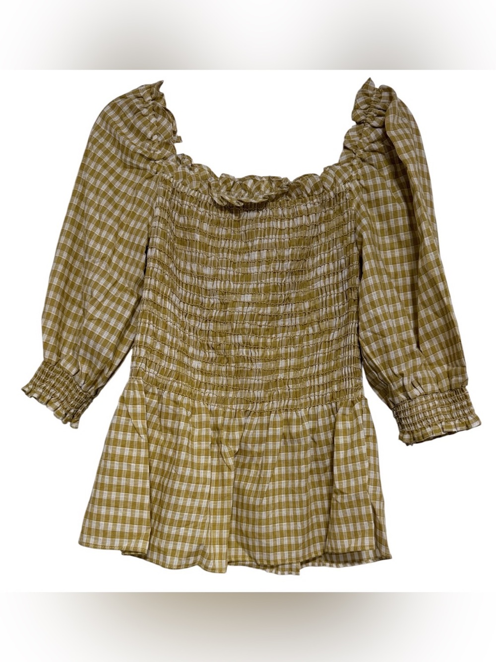Max Studio Gingham Smocked Peplum Top Puff Sleeve Square Neck NWT  Size L - Picture 4 of 13